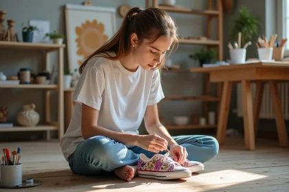 Jeune femme peignant des sneakers dans un atelier lumineux