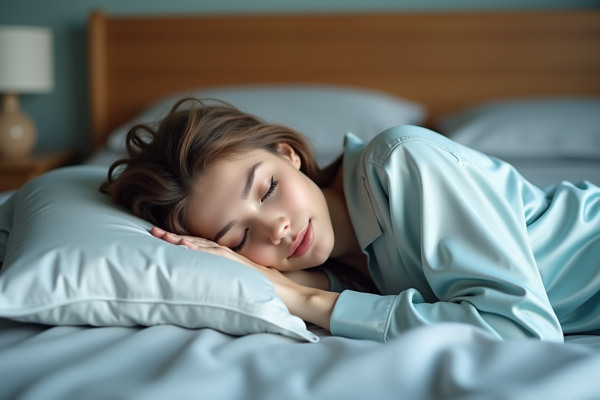 Jeune femme dormant paisiblement en pyjama en soie bleue