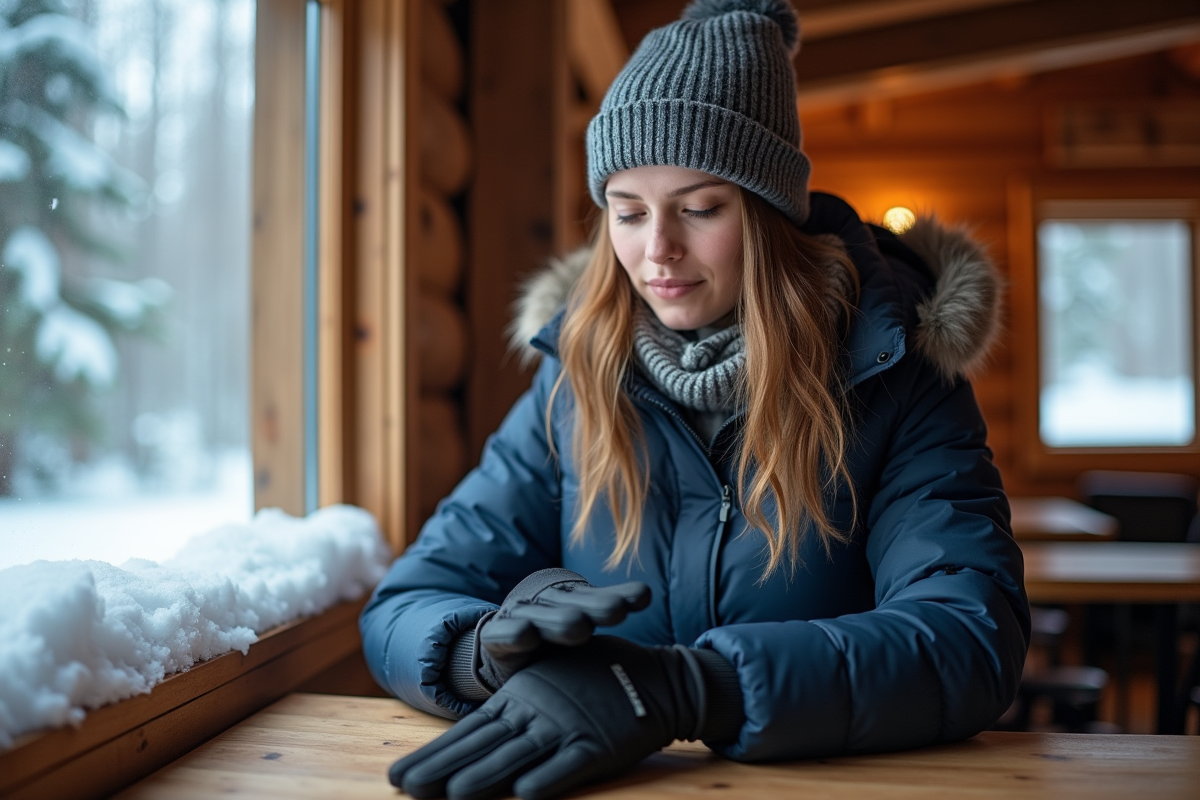 Jeune femme en doudoune et bonnet tirant ses gants techniques