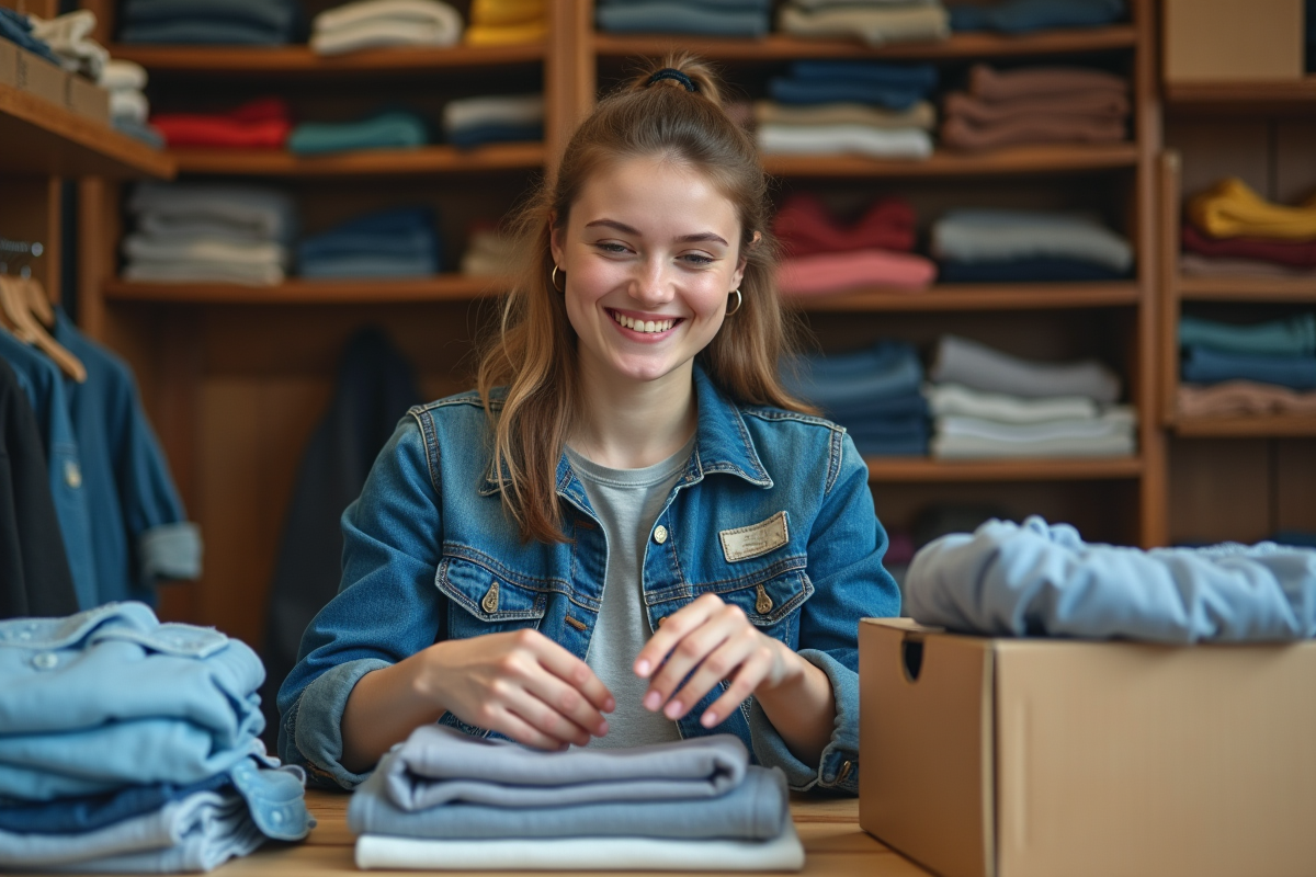 Jeune femme triant des vêtements vintage dans un magasin de seconde main