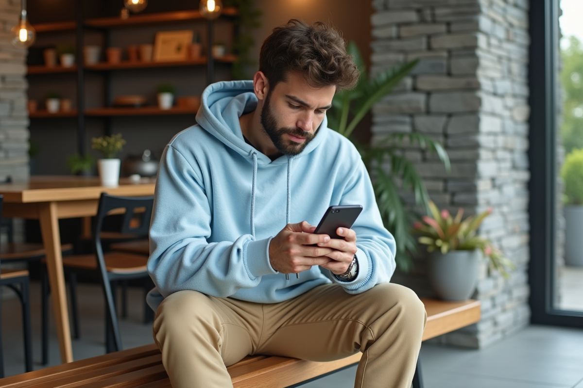 Jeune homme tendance assis dans un café moderne