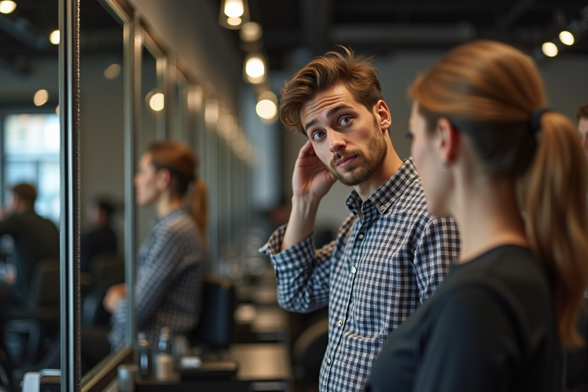 Jeune homme regardant son reflet dans un miroir de salon urbain