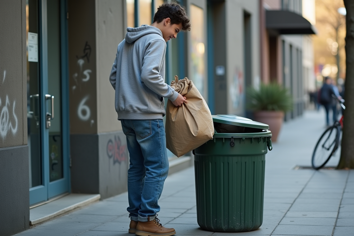 Jeune homme déposant des vêtements dans une borne de collecte urbaine
