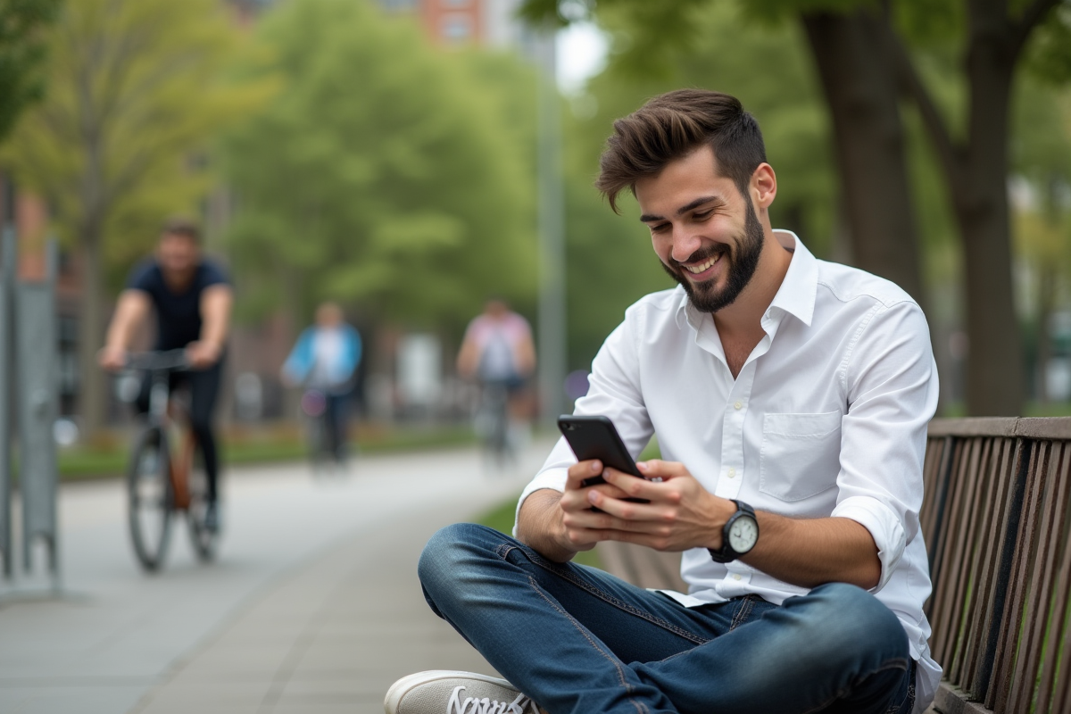 Jeune homme assis dans un parc urbain avec vêtements durables