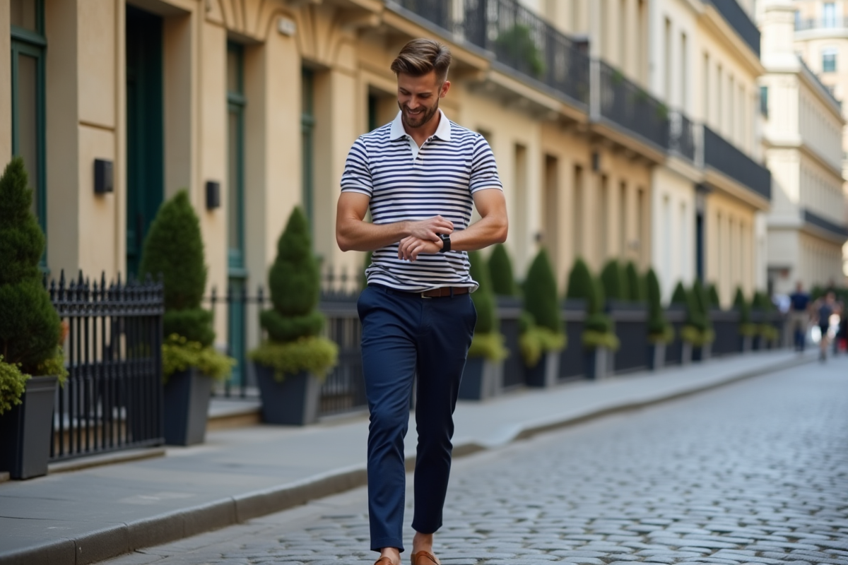 Jeune homme élégant vérifiant sa montre dans une rue parisienne