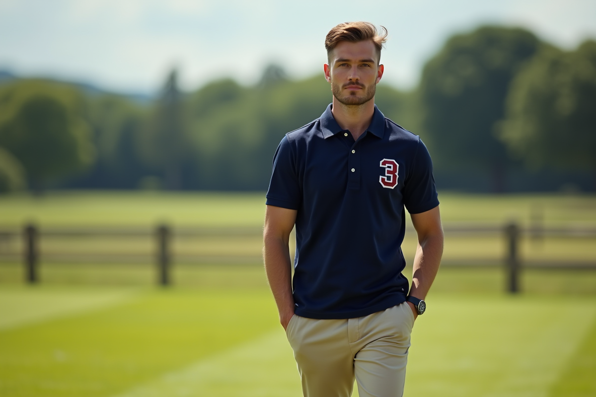 Jeune homme en polo bleu dans un champ de campagne