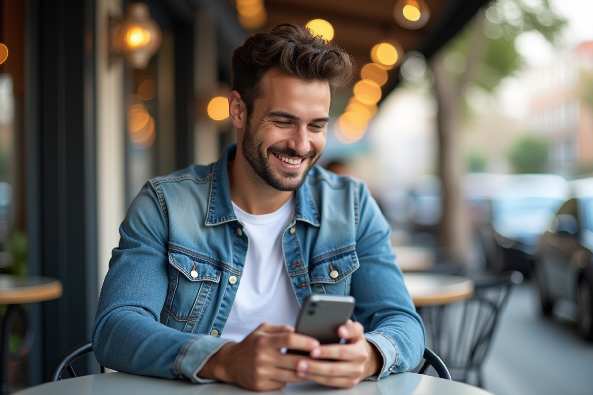 Jeune homme souriant avec smartphone dans un café urbain