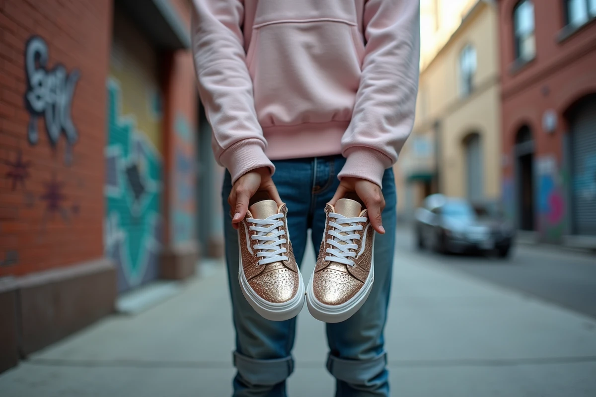 Jeune homme tenant des sneakers artistiques en ville