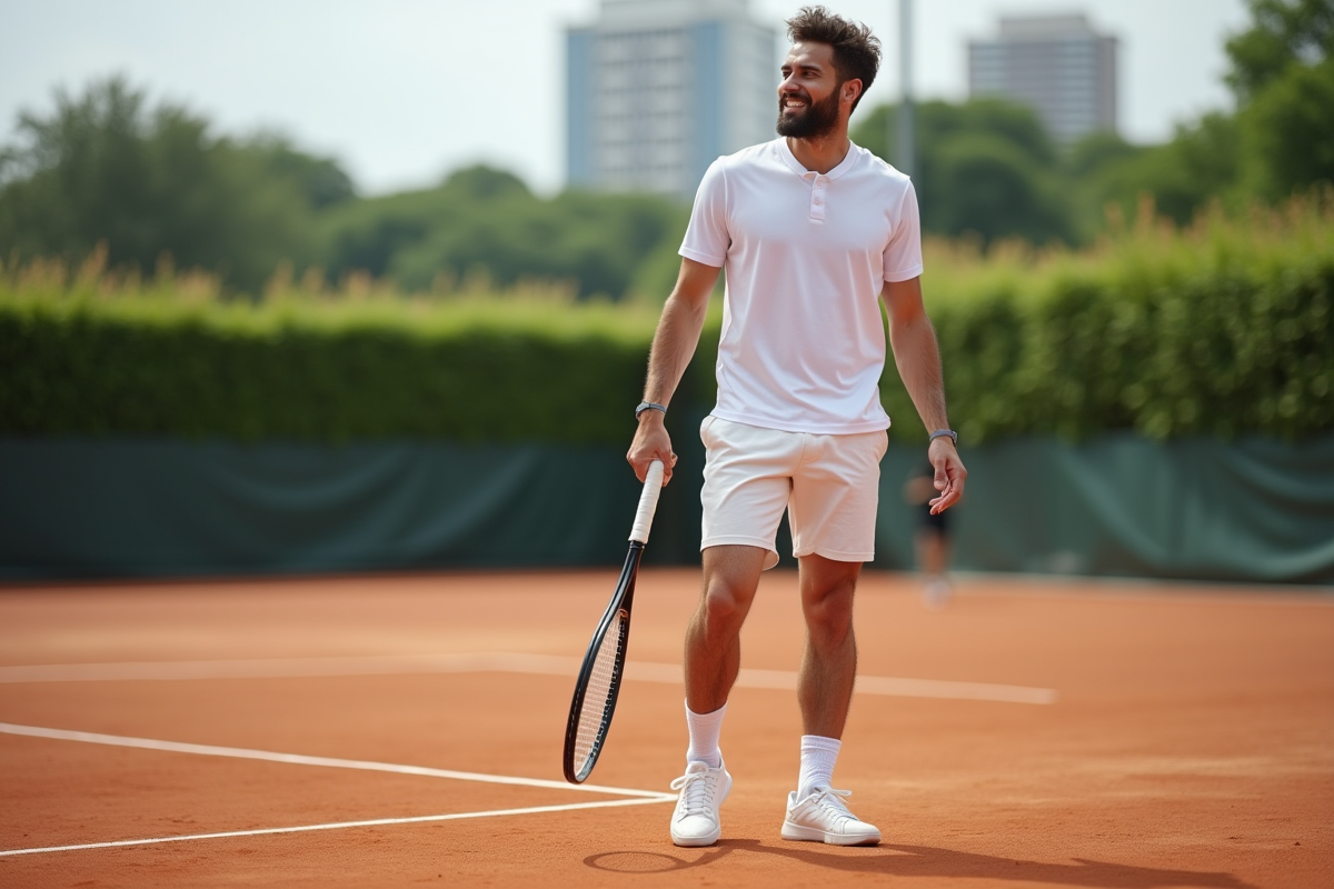Jeune homme sportif tenant une raquette de tennis sur un court en plein air