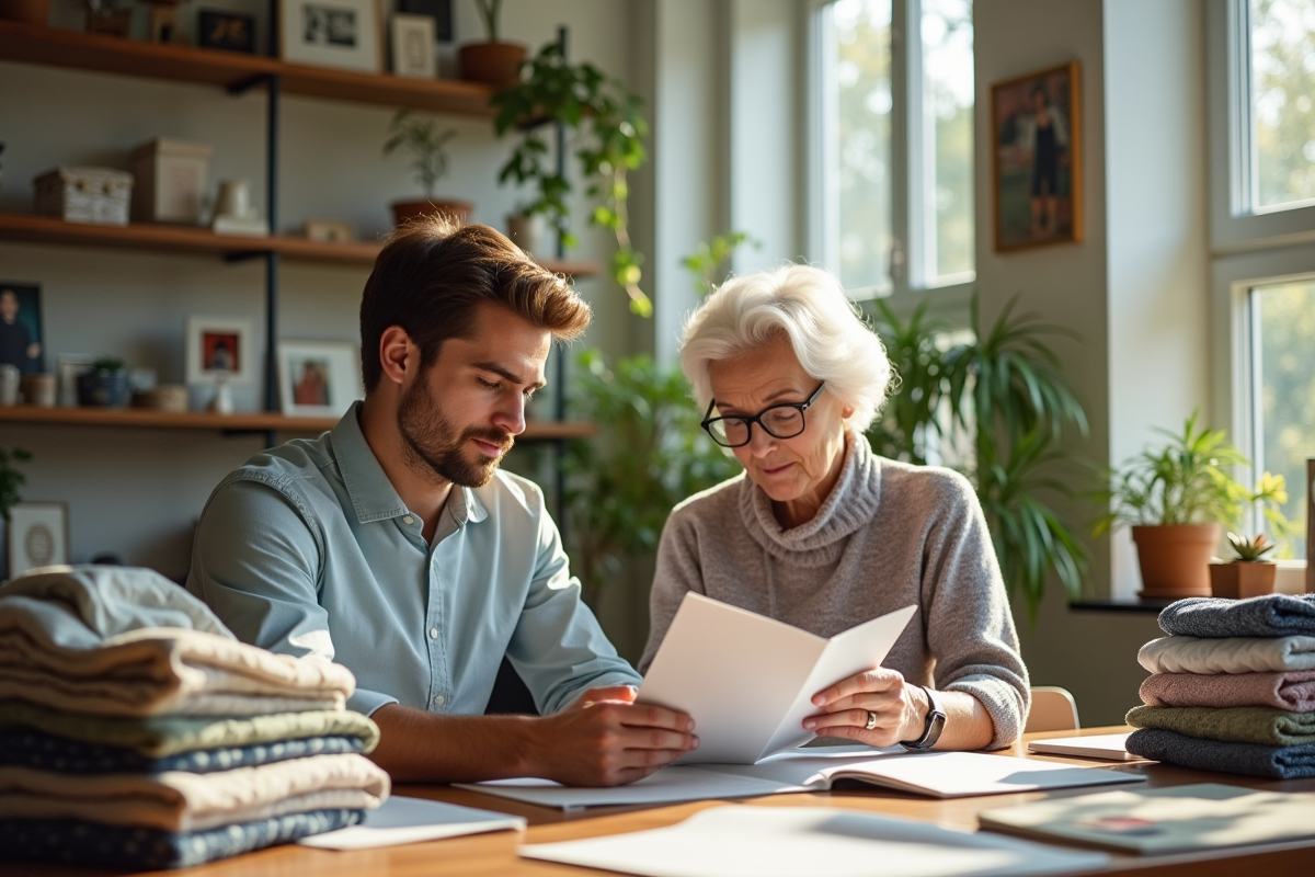 Jeune homme et femme discutant de vêtements vintage au bureau