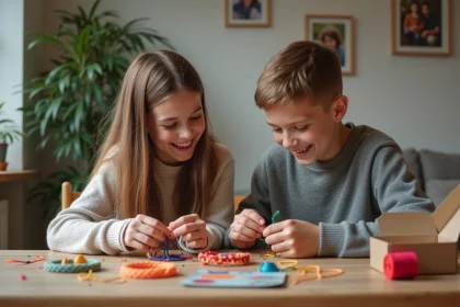 Deux adolescents cr&eacute;ant des bracelets d'amiti&eacute; color&eacute;s ensemble