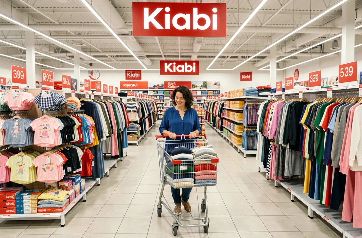 Intérieur du magasin Kiabi de Saint-Denis avec des rayons de vêtements pour toute la famille