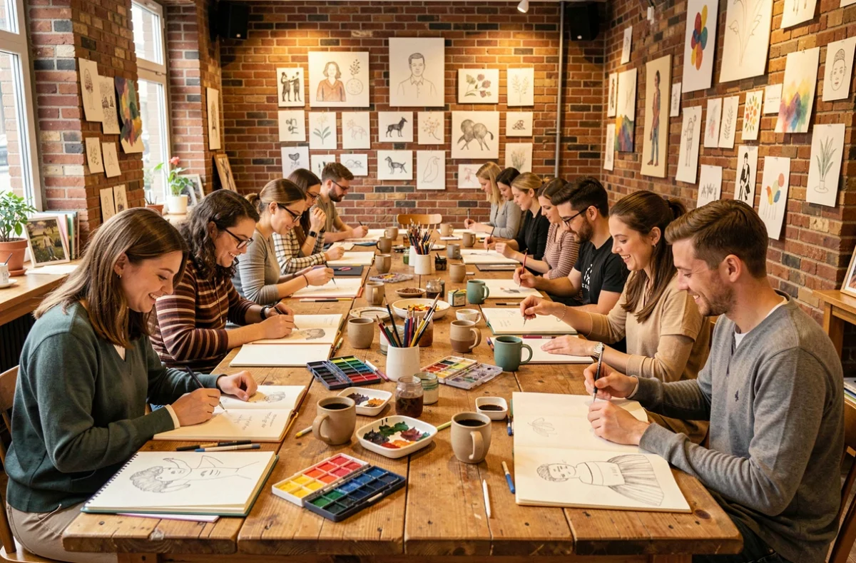 Café créatif Kraft à Lille avec des participants à un atelier créatif autour de grandes tables en bois couvertes de matériaux de création et de tasses à café