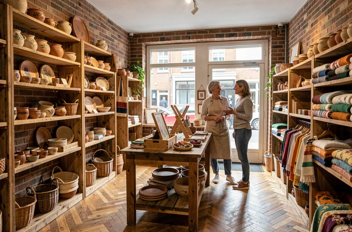 Boutique artisanale La Boutik'a dans le quartier Fives de Lille avec des créations locales en poterie et textile sur des étagères en bois recyclé