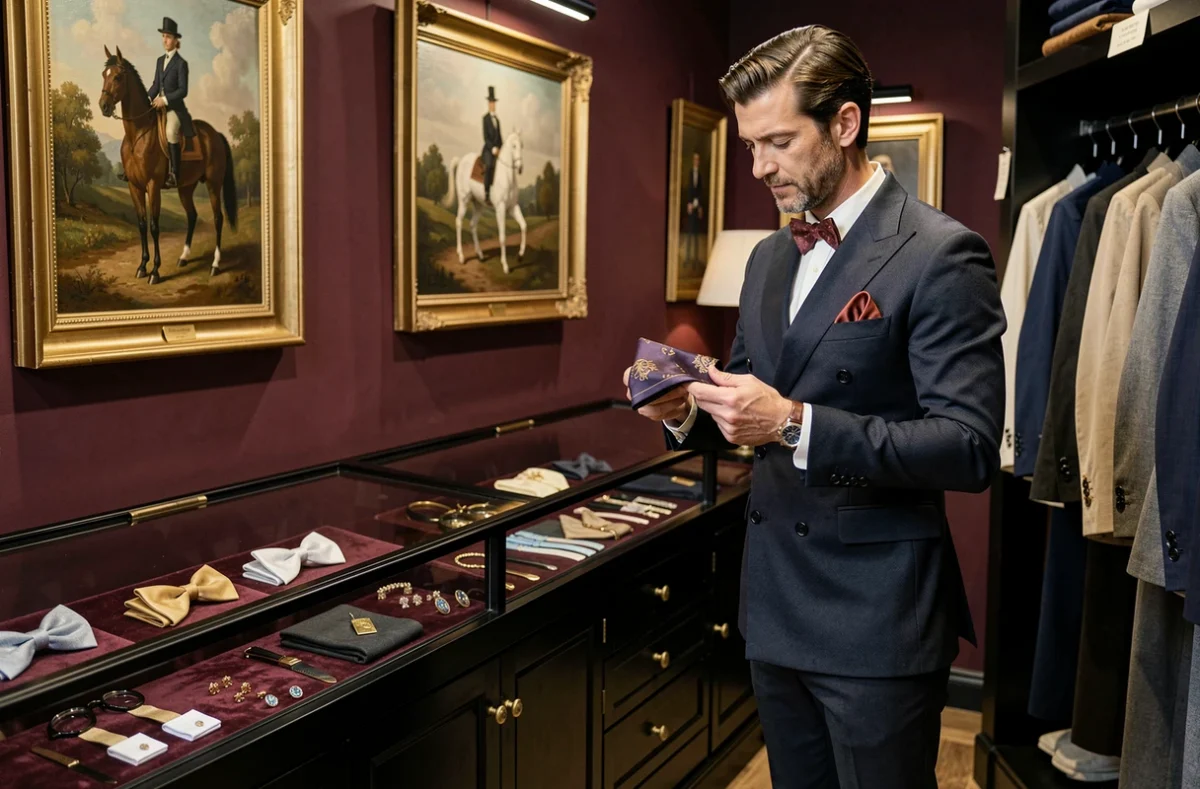Homme élégant en blazer croisé et pantalon tailleur chez La Garçonnière, boutique parisienne au style dandy avec accessoires raffinés