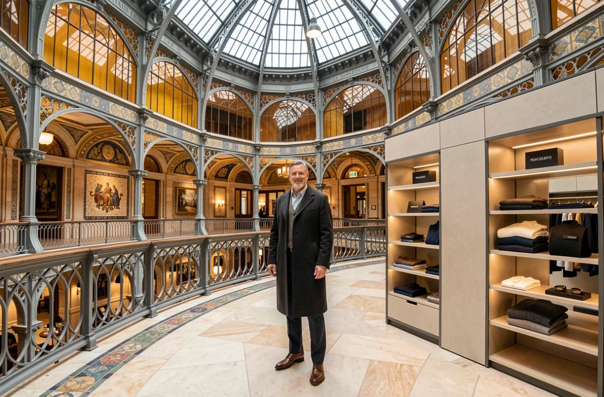 Homme en manteau de laine dans l'atrium Art Nouveau de La Samaritaine, devant un corner mode masculine aux pièces premium