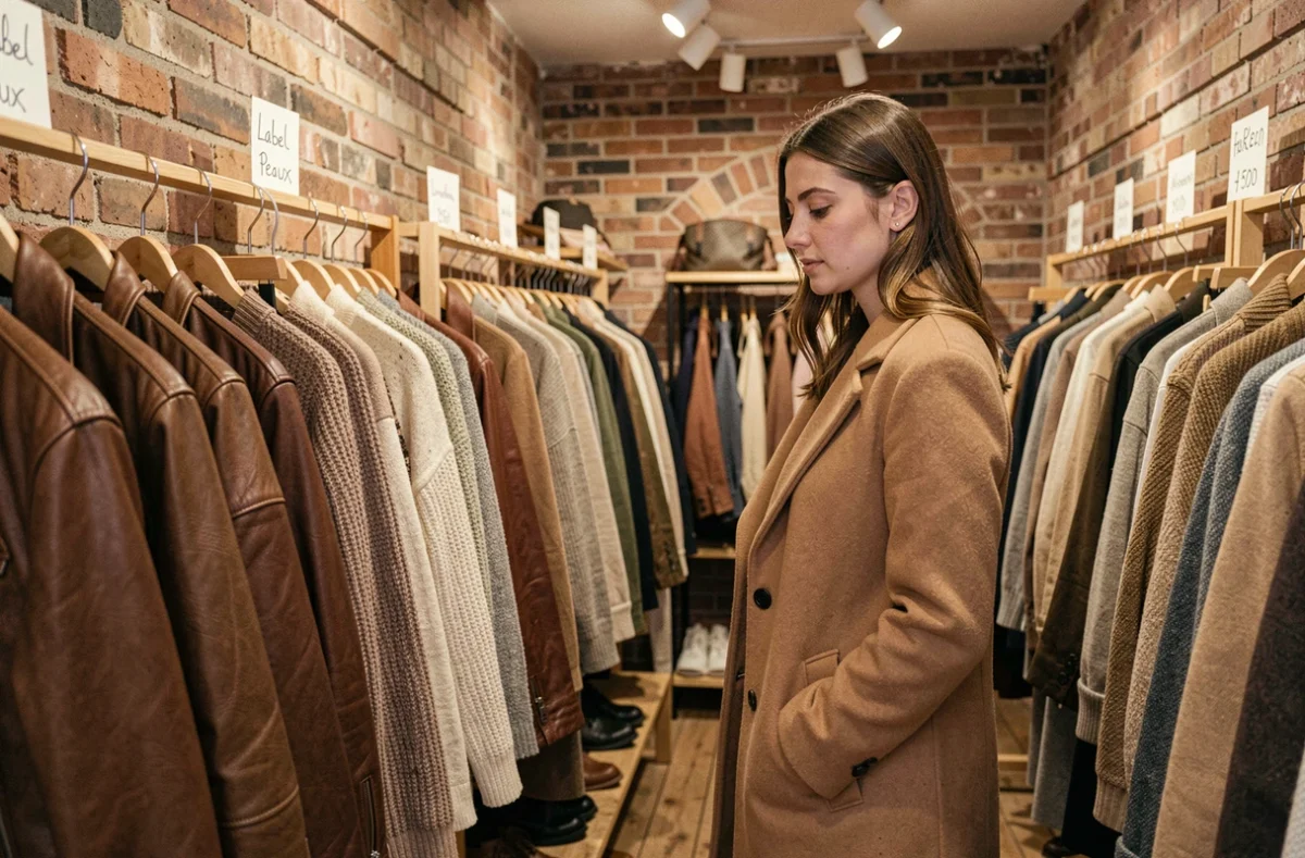 Intérieur de la boutique Label Peaux avec des vêtements en cuir et matières nobles sur des portants en bois