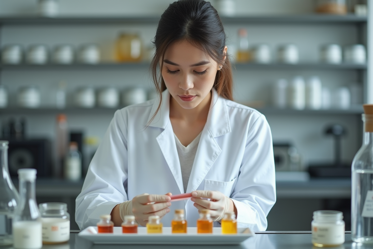 Femme en laboratoire examine des cosmétiques naturels