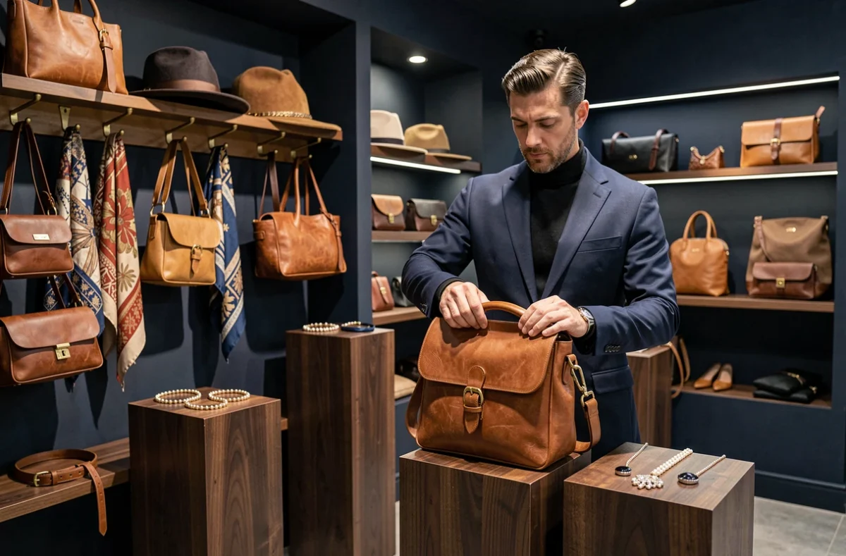 Boutique d'accessoires Le Colonel à Lille avec des sacs en cuir artisanaux, chapeaux et bijoux sur des présentoirs en bois sombre et crochets en laiton