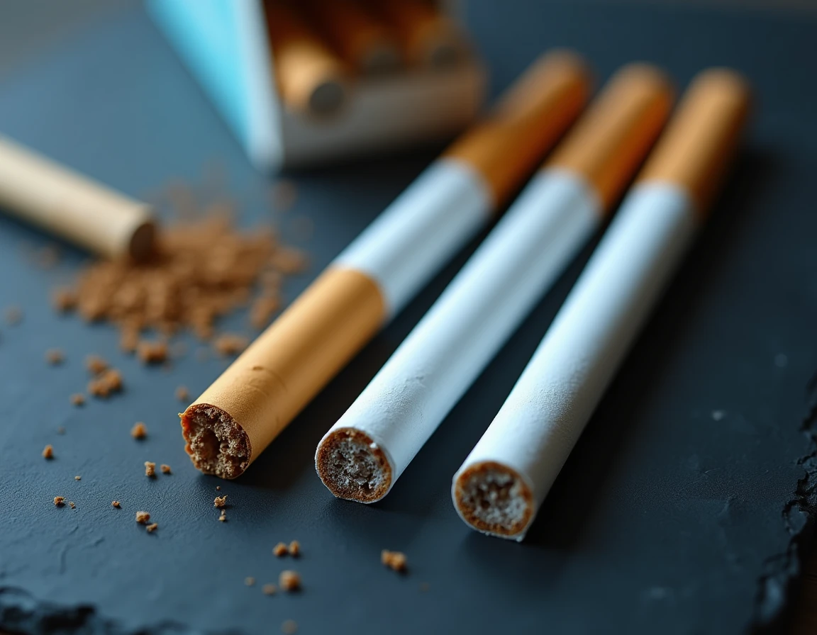 Macro de trois cigarettes Vogue slim aux filtres de couleurs différentes posées sur ardoise, comparaison visuelle des variantes dorée, bleue et blanche