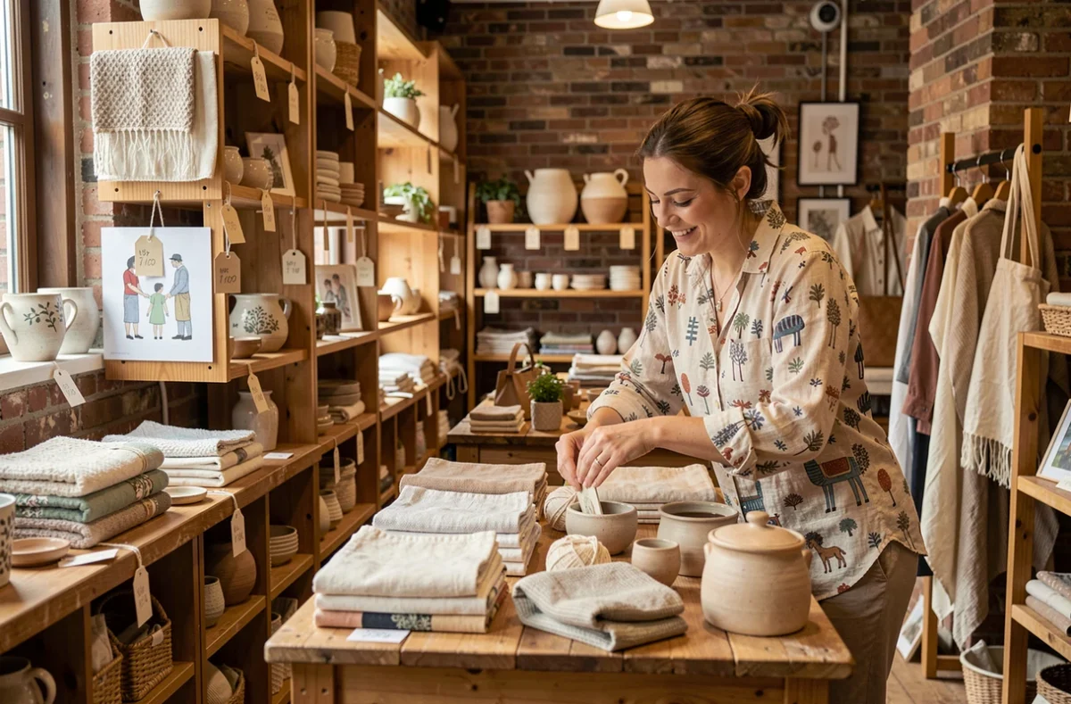 Intérieur de la boutique associative Mains et Merveilles à Lille, avec des créations artisanales textiles et céramiques disposées sur des étagères en bois rustique
