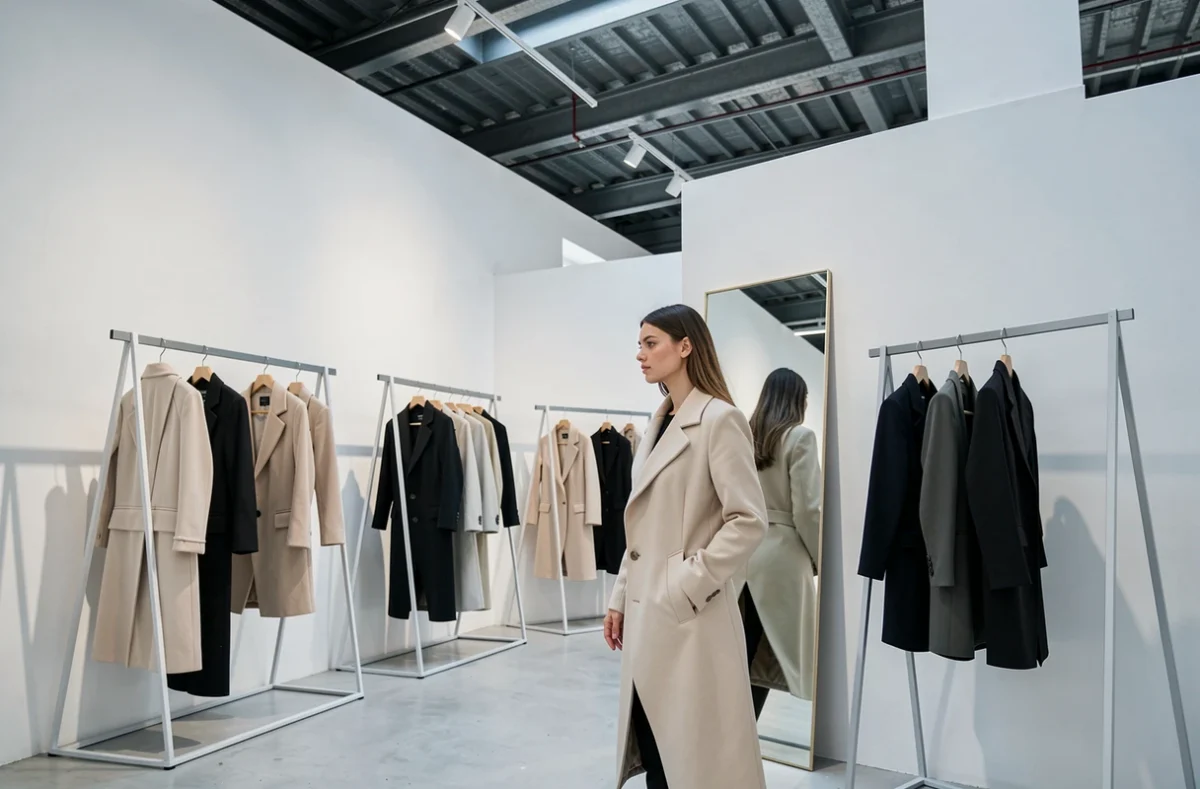 Showroom épuré de Maisons de Mode à Lille, avec des vêtements de créateurs émergents sur des portants géométriques et une silhouette féminine en manteau structuré