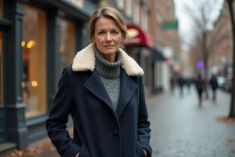 Femme portant un manteau d'hiver avec doublure sherpa visible au col, en extérieur sur une rue pavée en automne