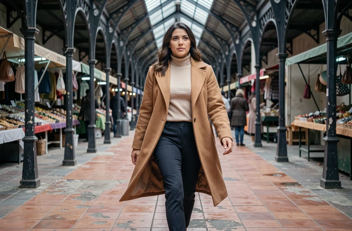 Femme marchant dans un marché couvert avec un long manteau oversize en camel, coupe structurée avec fentes latérales et volume maîtrisé
