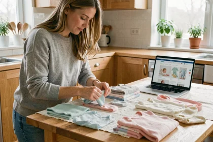 Jeune mère qui prépare le trousseau de son bébé en triant des vêtements Kiabi sur une table en bois avec un ordinateur ouvert
