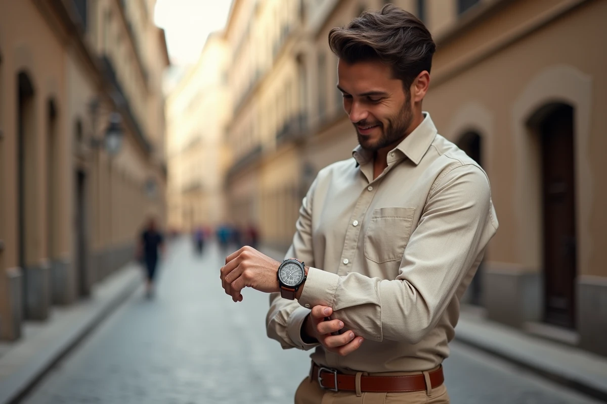 Jeune homme en chemise en lin beige admirant sa montre homme personnalisable à cadran gravé dans une rue pavée européenne