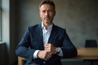 Homme élégant en blazer marine portant une montre personnalisable avec bracelet en cuir, photographié dans un bureau moderne épuré