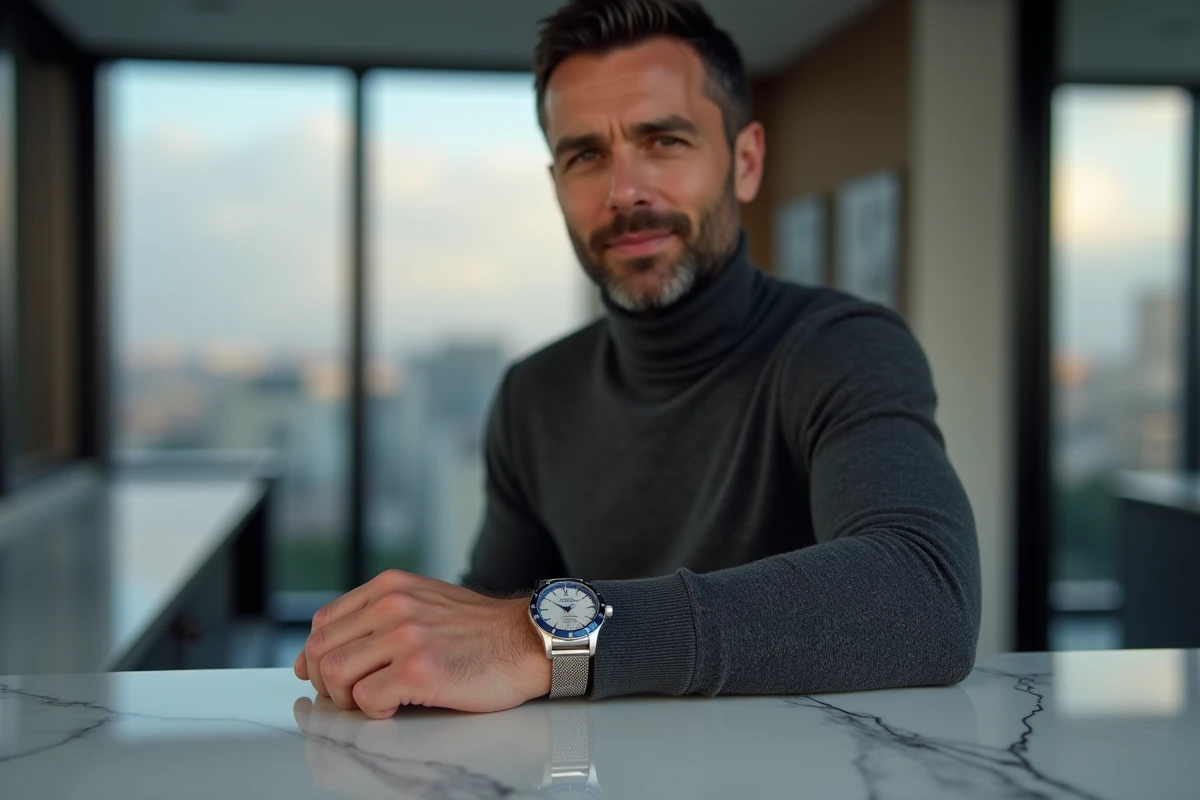 Homme stylé en col roulé gris portant une montre personnalisable sur bracelet milanais, appuyé sur un comptoir en marbre dans un appartement contemporain