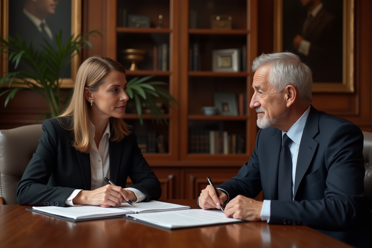 Femme et homme en costume lors d'une négociation juridique