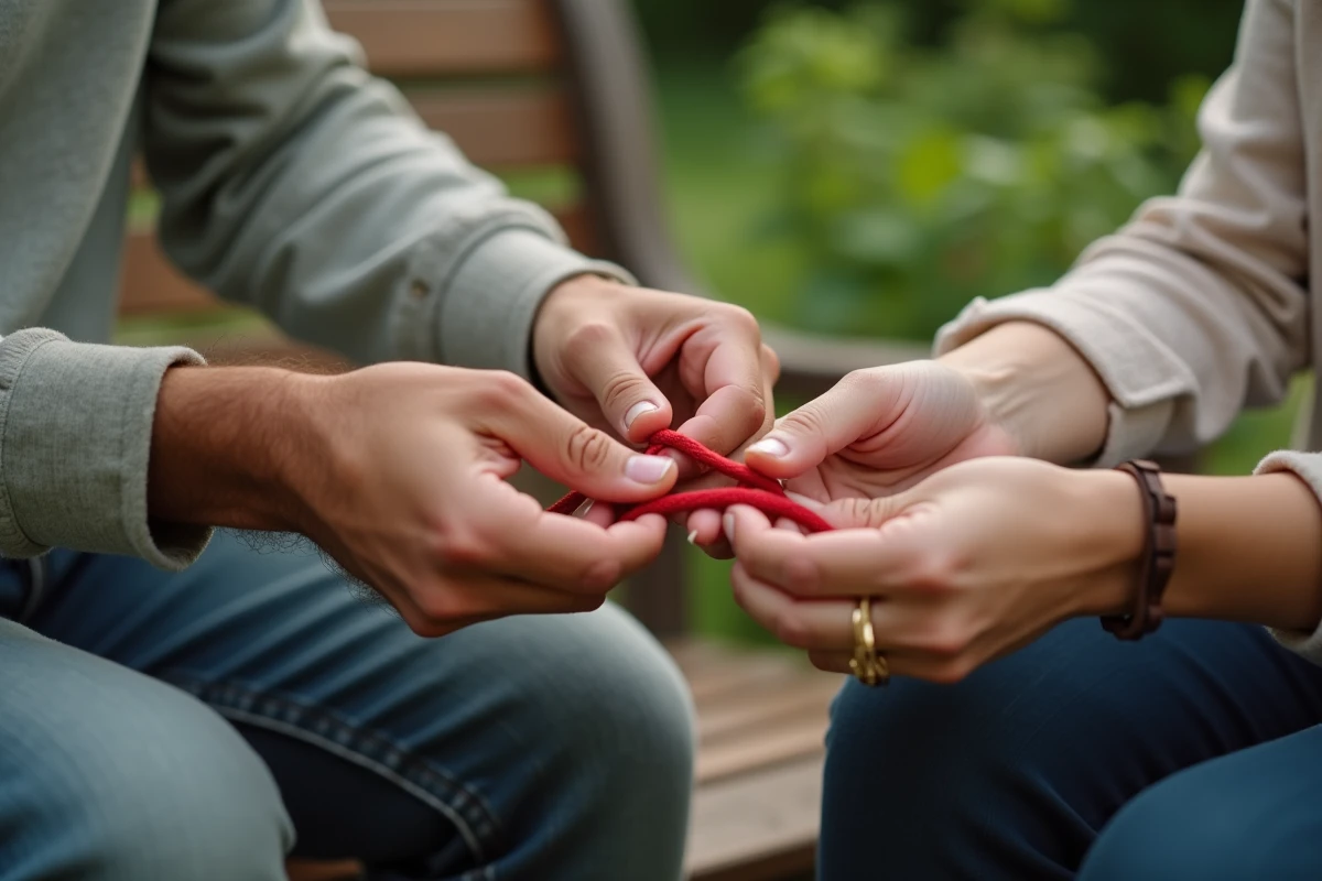 Mains nouant un bracelet fil rouge à 7 nœuds autour du poignet, rituel de protection symbolique en extérieur