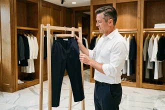 Homme élégant examinant un pantalon de luxe dans une boutique parisienne haut de gamme