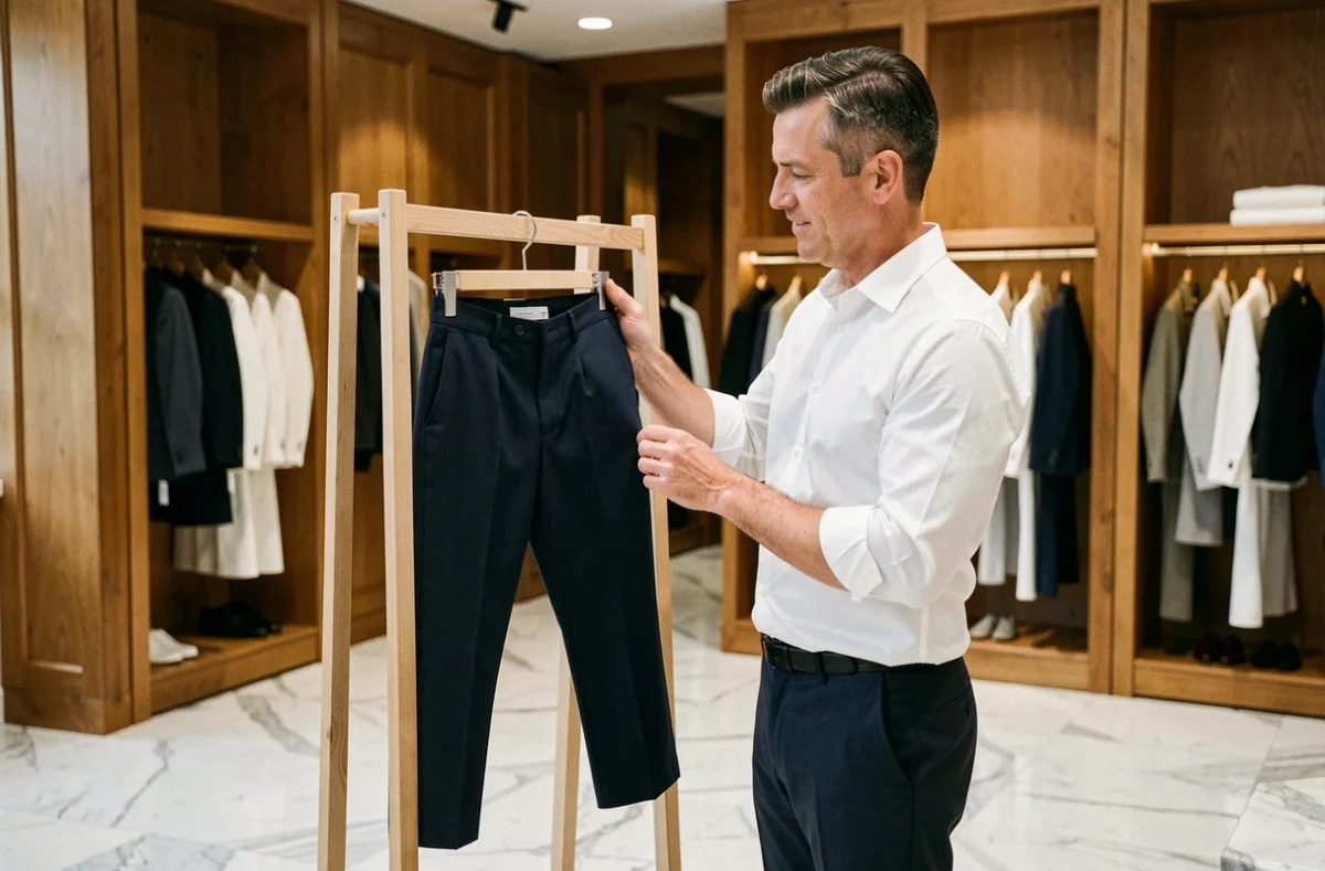 Homme élégant examinant un pantalon de luxe dans une boutique parisienne haut de gamme