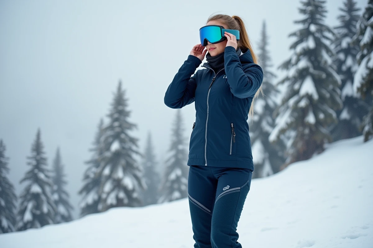 Femme portant un pantalon de ski femme bleu marine en solde sur une piste enneigée alpine