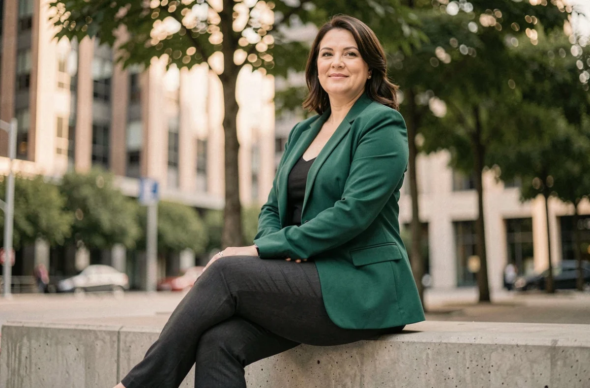 Femme au tour de taille 42 en pantalon slim anthracite et blazer vert émeraude dans un cadre urbain extérieur élégant