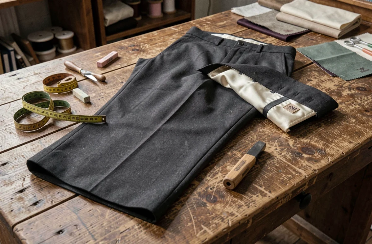 Pantalon de luxe sur mesure posé dans un atelier de couture parisien avec détails de confection