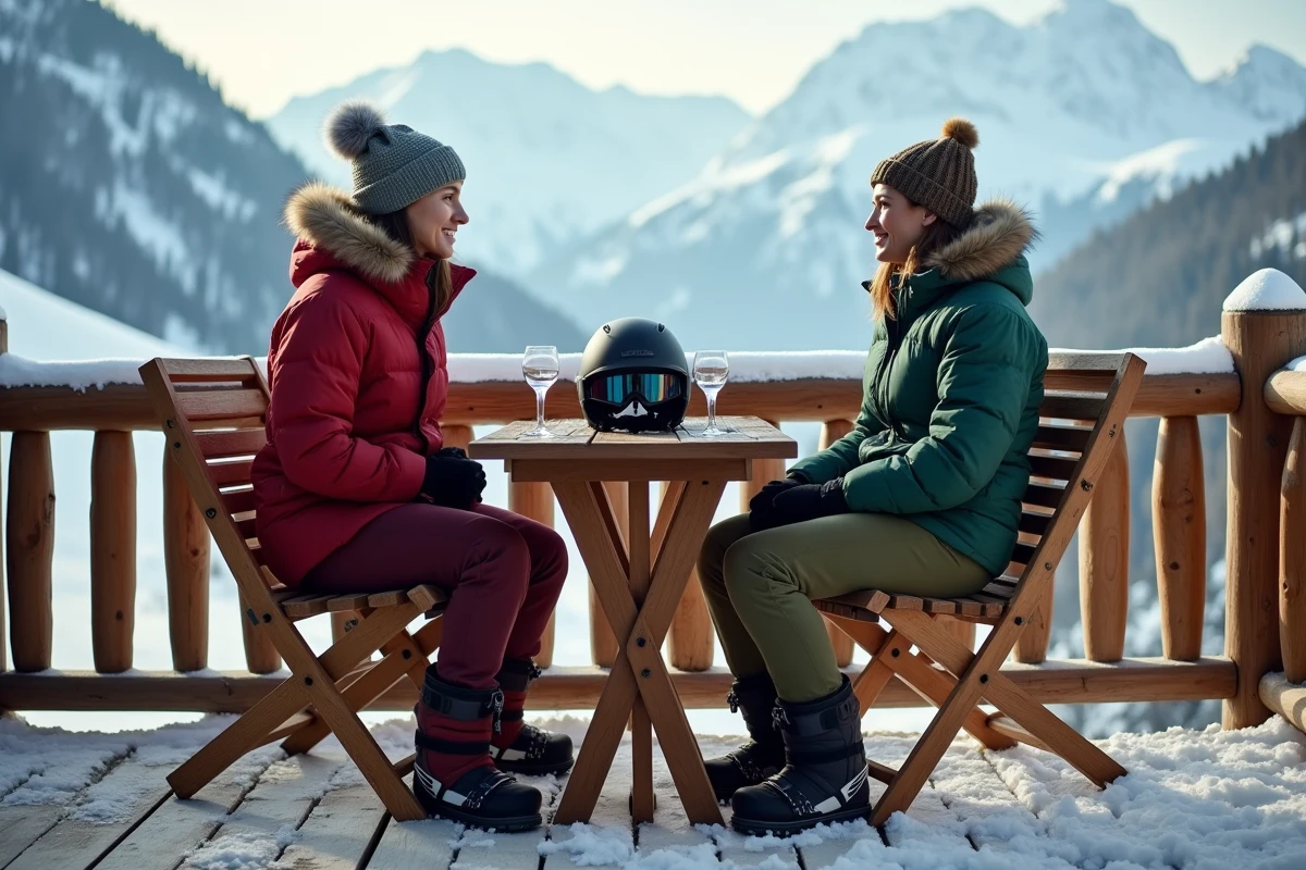 Deux femmes en pantalons de ski soldés sur la terrasse d'un chalet de montagne enneigé