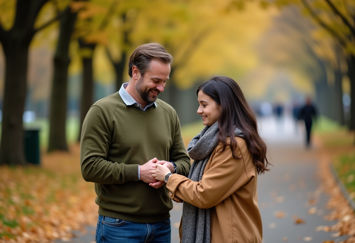 Père recevant un bracelet de sa fille dans un parc automnal