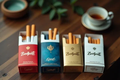 Différentes couleurs de paquets de cigarettes Vogue alignés sur une table en bois, comparaison des variantes rouge, bleue, dorée et blanche