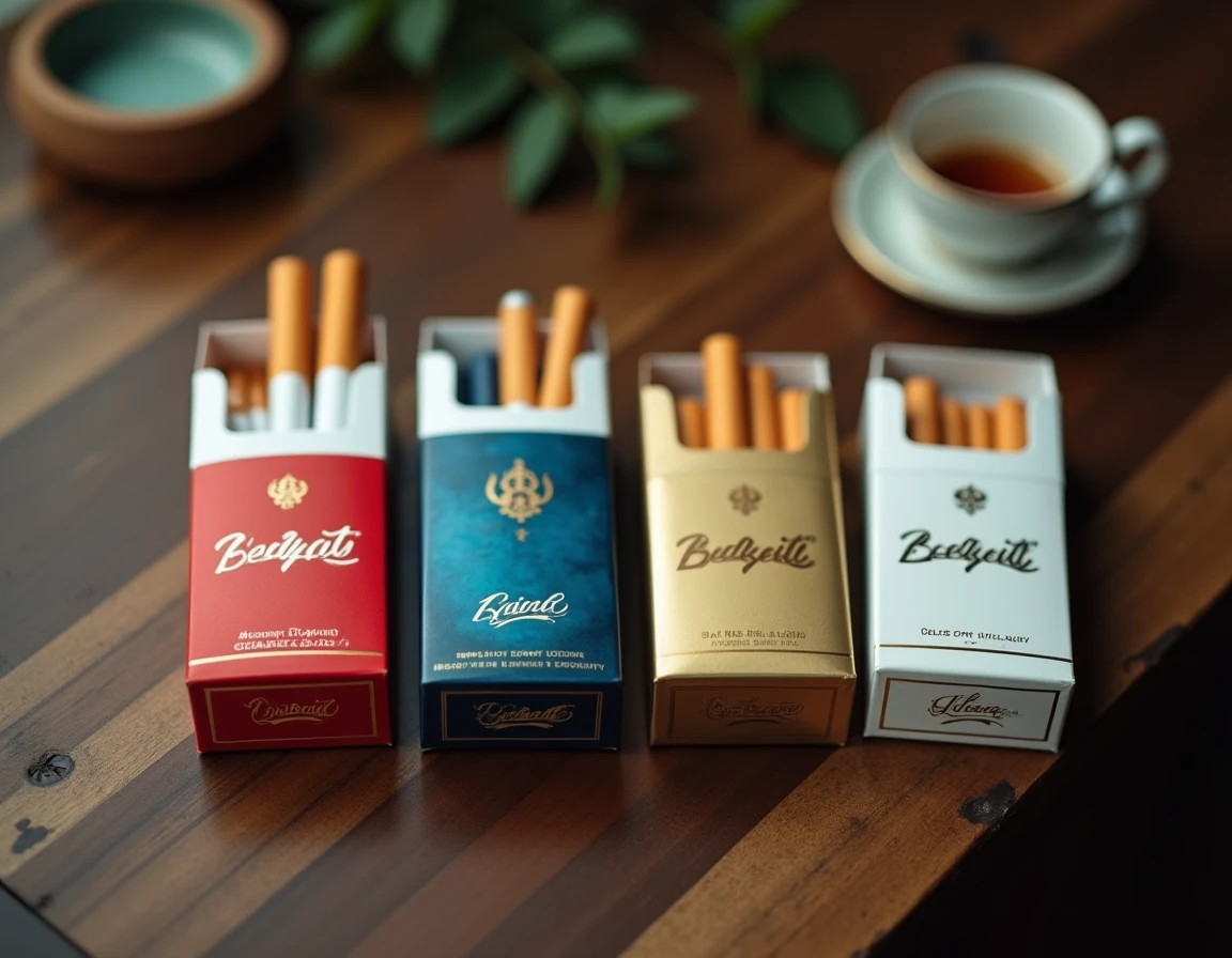 Différentes couleurs de paquets de cigarettes Vogue alignés sur une table en bois, comparaison des variantes rouge, bleue, dorée et blanche
