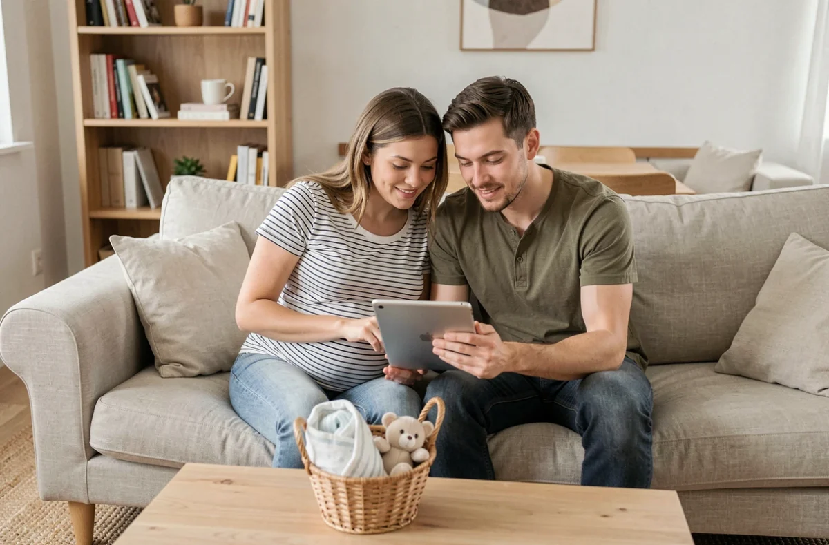 Couple de futurs parents qui choisissent des vêtements bébé en ligne sur une tablette dans leur salon scandinave