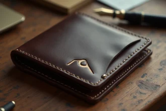 Portefeuille en cuir personnalisé avec initiales dorées posé sur un bureau en bois, montrant la qualité artisanale et la patine naturelle du cuir après plusieurs années d'utilisation.