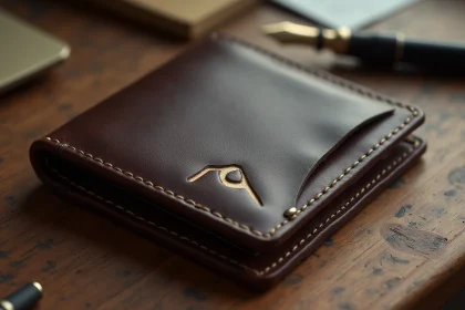 Portefeuille en cuir personnalisé avec initiales dorées posé sur un bureau en bois, montrant la qualité artisanale et la patine naturelle du cuir après plusieurs années d'utilisation.
