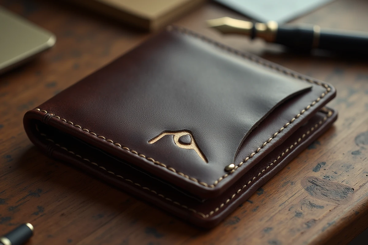 Portefeuille en cuir personnalisé avec initiales dorées posé sur un bureau en bois, montrant la qualité artisanale et la patine naturelle du cuir après plusieurs années d'utilisation.