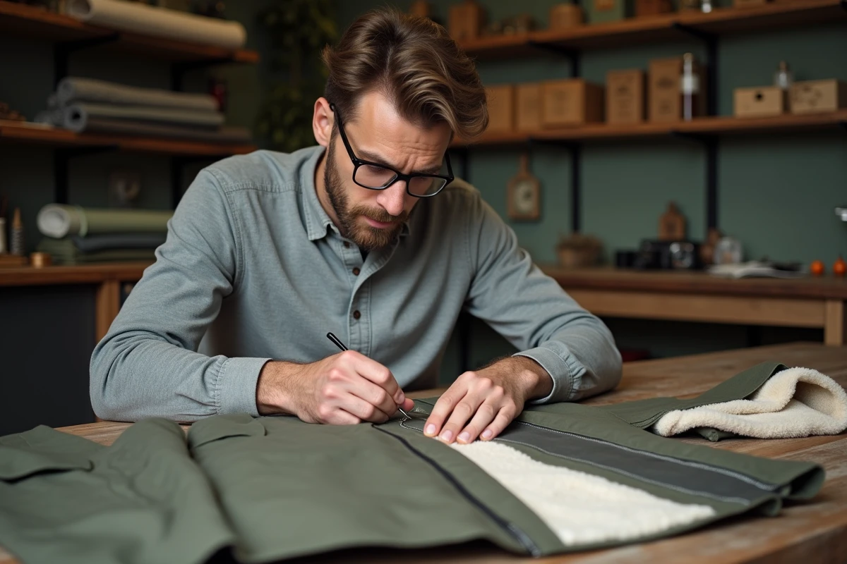 Homme cousant à la main une doublure sherpa à l'intérieur d'un manteau d'hiver dans un atelier artisanal chaleureux