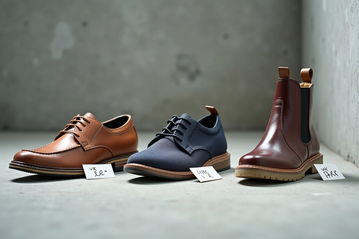 Trois paires de chaussures alignées avec des étiquettes indiquant les correspondances de pointures UK et françaises sur fond gris béton