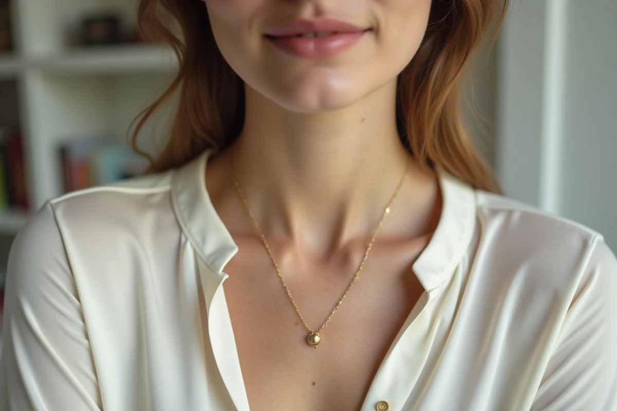 Femme portant un ras de cou doré fin sur un chemisier en soie ivoire, style minimaliste élégant